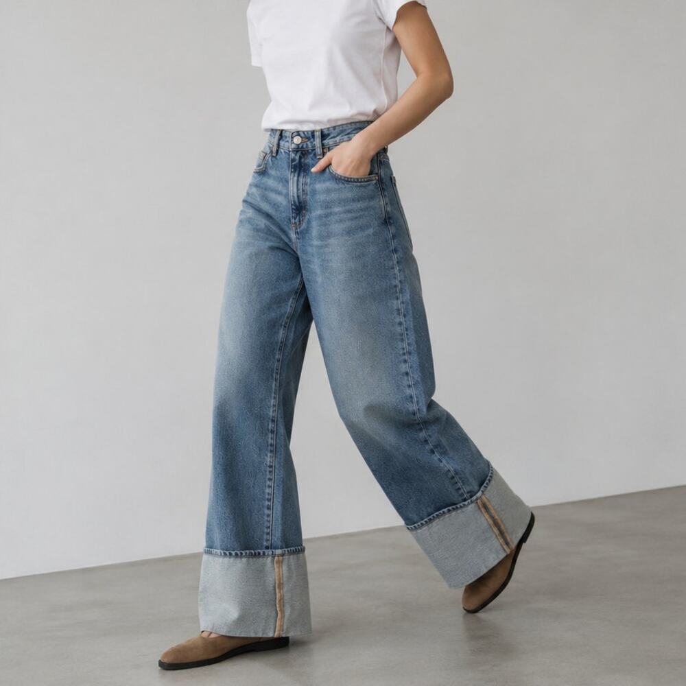 ICON DENIM LA Kiki Jeans Womens 25 Smoke BlueMid-rise Wide Leg Cuffed Hem